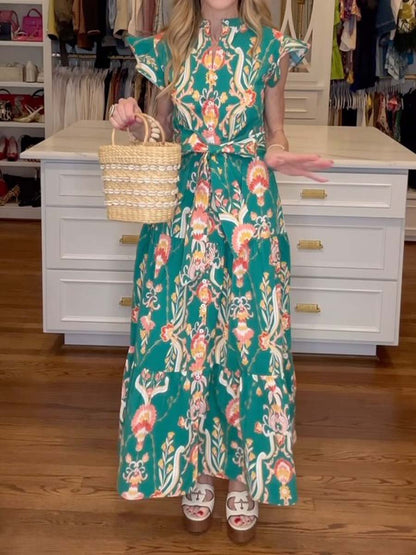 Floral Ruffled Sleeve Belted Maxi Dress