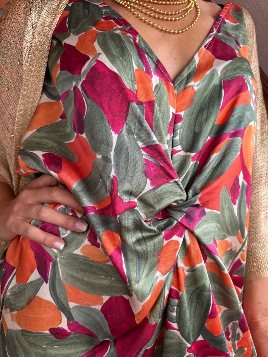 Printed V Neck Knotted Dress & Cardigan