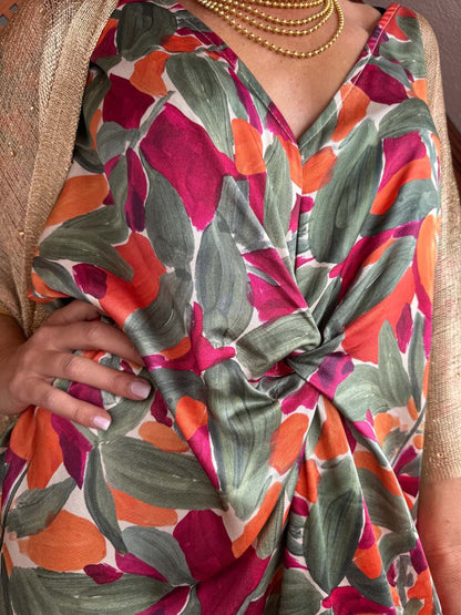 Printed V Neck Knotted Dress & Cardigan
