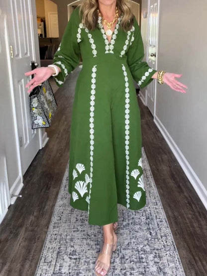 Placement Print V Neck Loose Dress