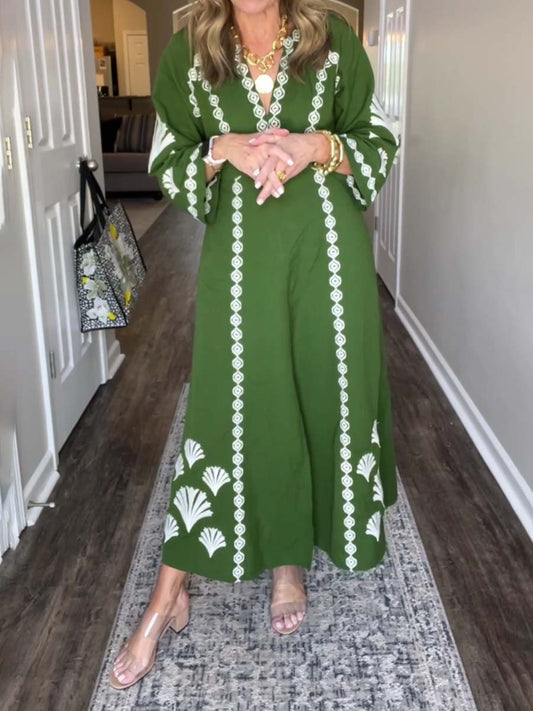 Placement Print V Neck Loose Dress